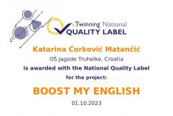 Dobivena Nacionalna oznaka kvalitete za eTwinning projekt BOOST MY ENGLISH