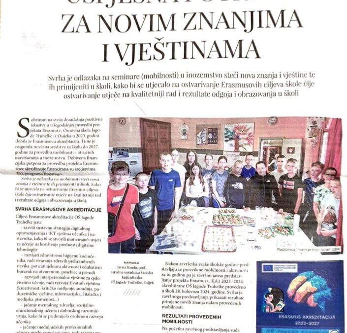 Članak “ Uspješna potraga za novim znanjima i vještinama”   objavljen u Školskim novinama, br.41-42, 17.prosinac 2024., str 16 i 17.