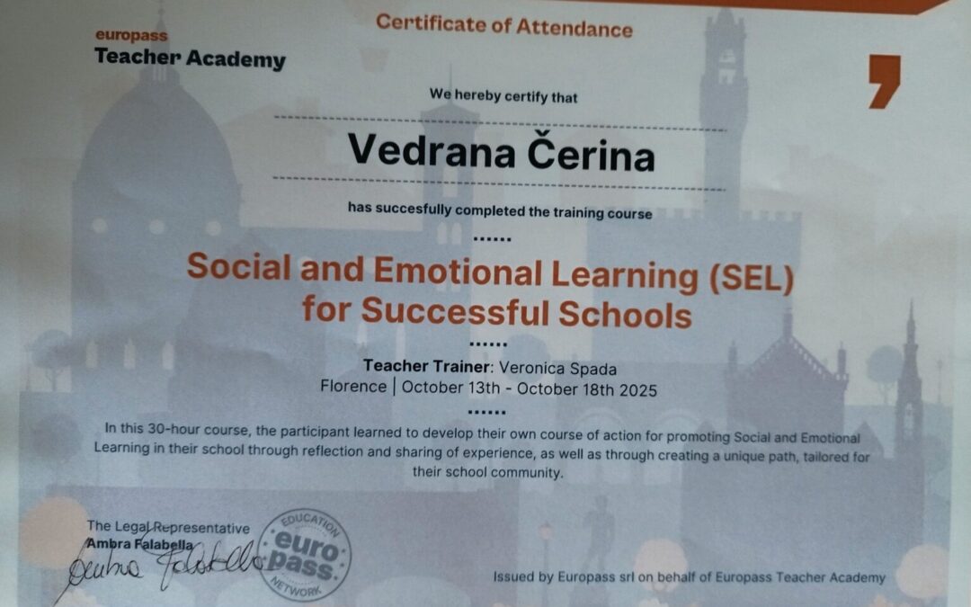 Pohađanje Erasmus+ strukturiranog tečaja Social and Emotional Learning for Successful Schools